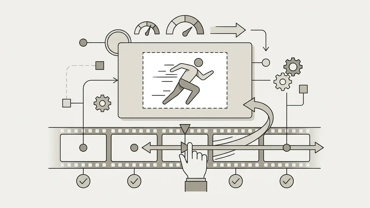 Hand sliding a timeline marker under a rectangular frame containing a running figure