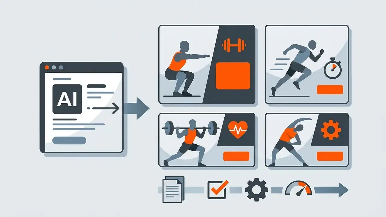 Software window generating multiple fitness themed marketing graphics with icons and progress steps