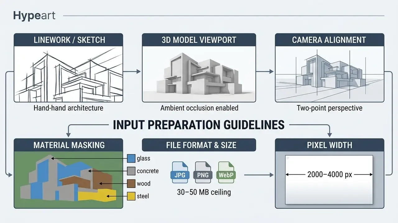 Diagram detailing architectural input requirements including linework, 3D models, and file specifications