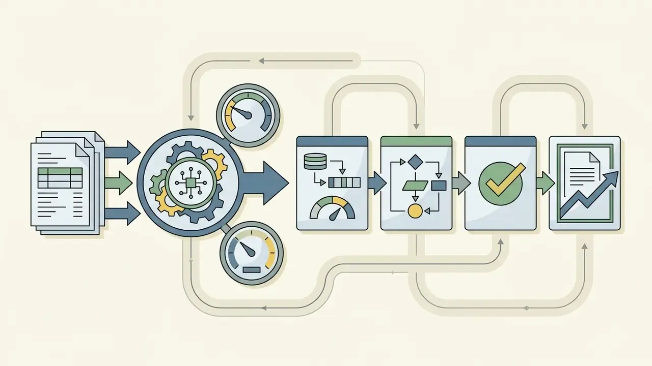 Documents passing through a processor with gauges to reach workflow steps and a final trend report