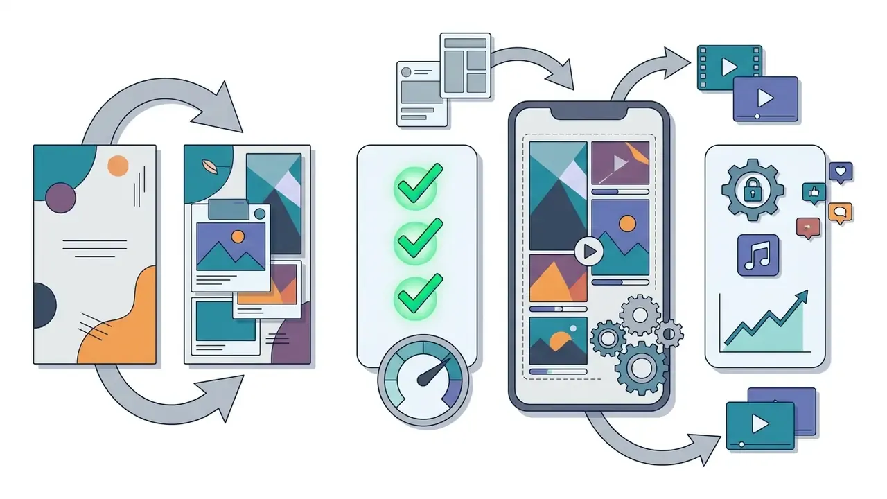 Smartphone screen showing media grid layouts with arrows connecting to processing gears and status icons