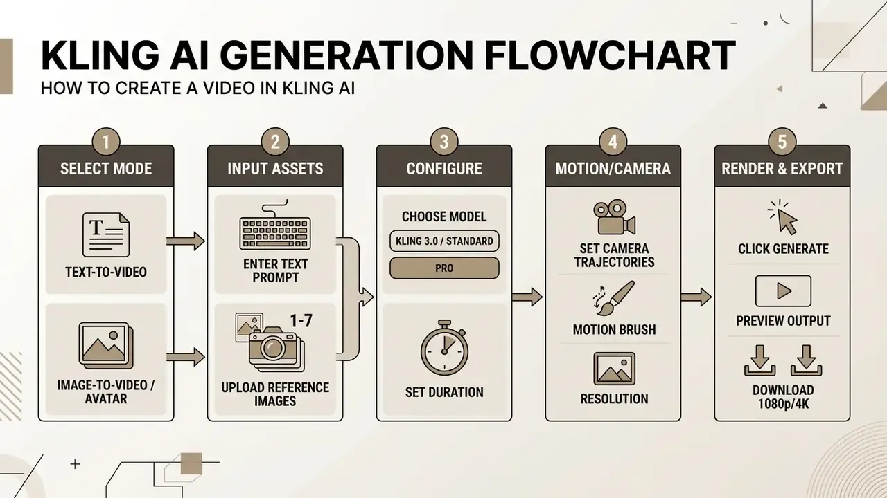 Step-by-step sequence detailing video generation from selecting modes to final rendering and export