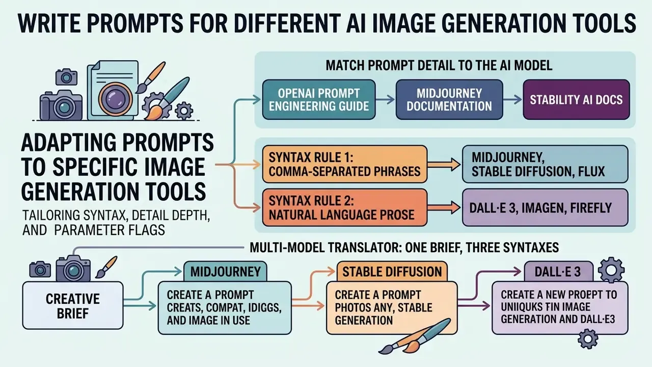 Flowchart comparing prompt syntax rules and model documentation for various AI image generation tools
