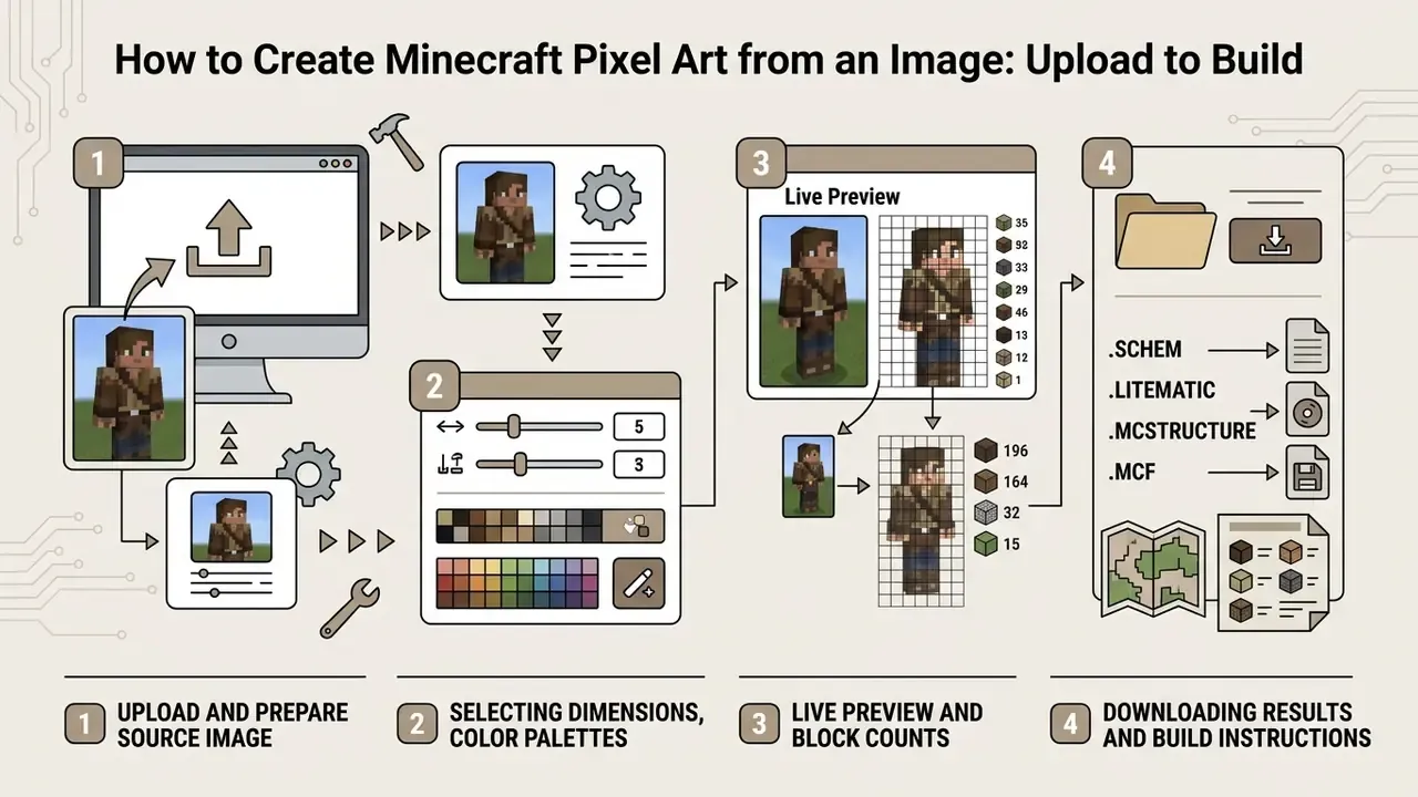 Four-step workflow for a Minecraft pixel art generator showing image upload, settings, preview, and file export