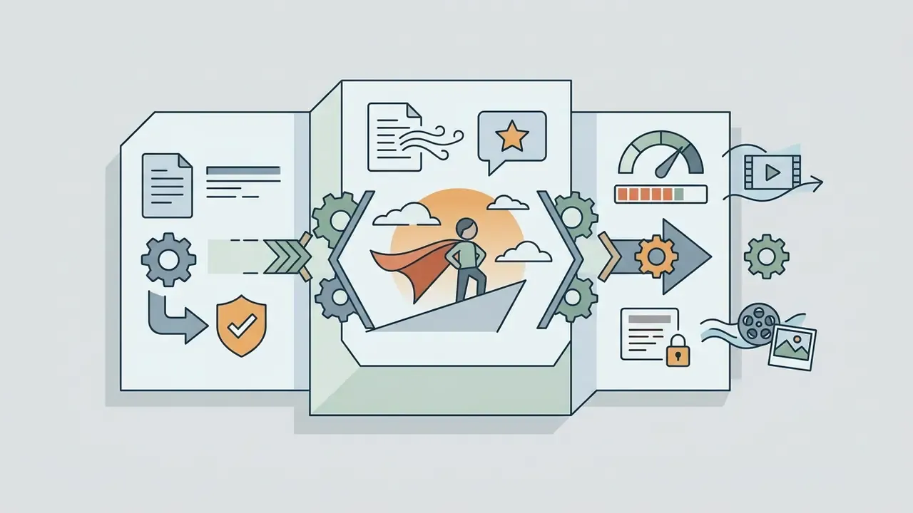 Document and gear icons feeding into a central processor that generates a heroic kid in a cape