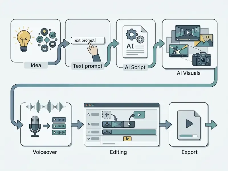 Flowchart showing the steps from idea and text prompt to AI script, visuals, voiceover, editing, and export