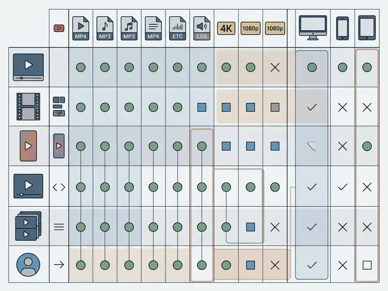 Matrix chart mapping YouTube link types to file formats, resolutions, and device compatibility