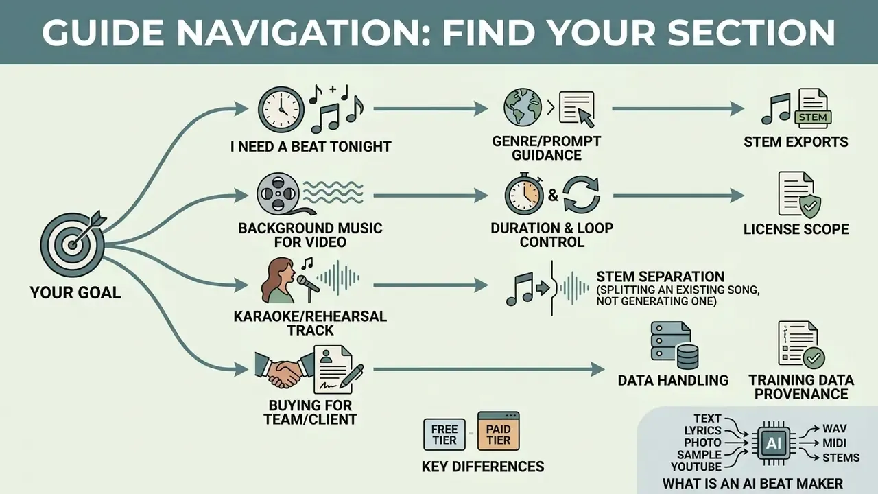 Flowchart mapping user goals like beat creation or video music to specific AI tool features