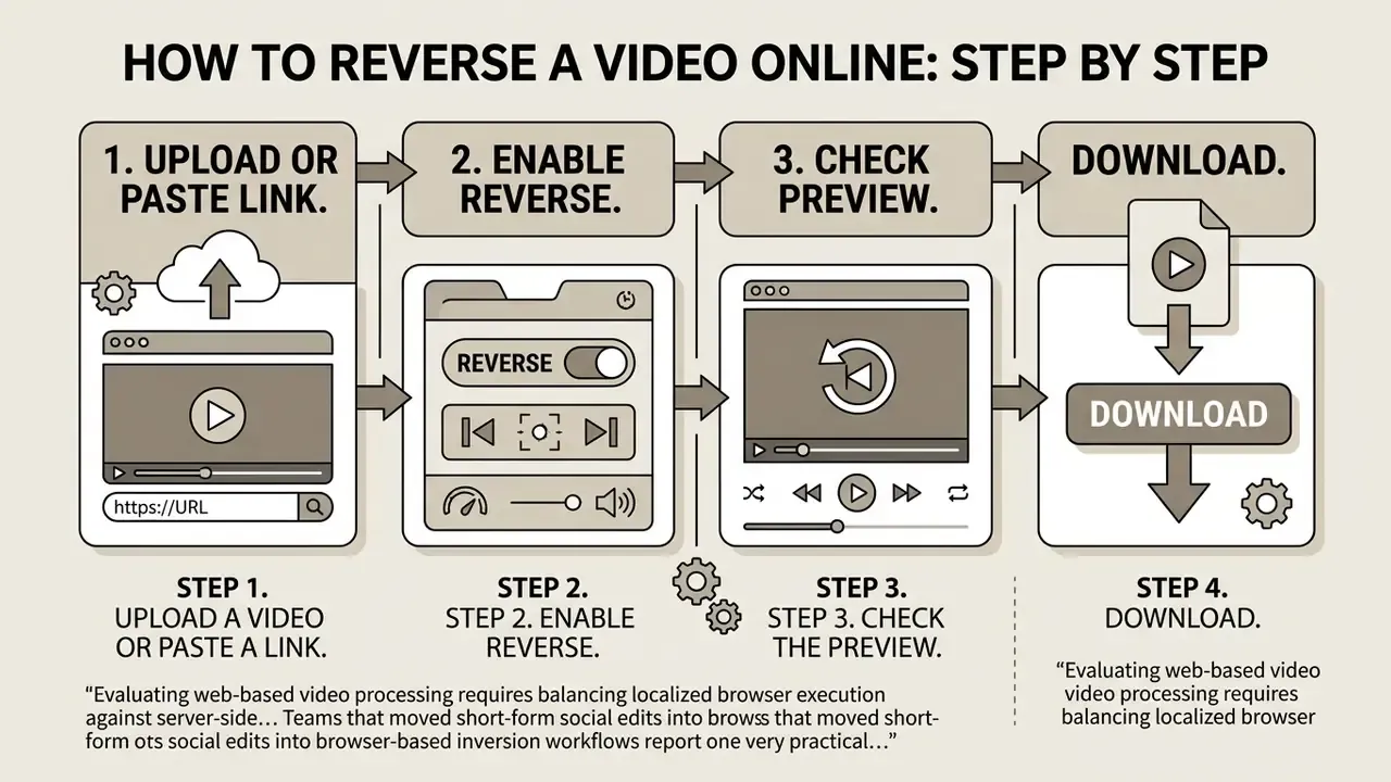Four sequential steps showing how to upload, reverse, preview, and download a video file online