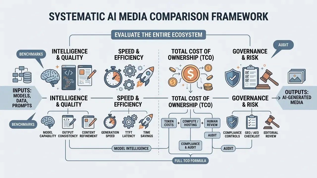 Flowchart detailing factors for AI media versus comparisons including intelligence, speed, TCO, and governance
