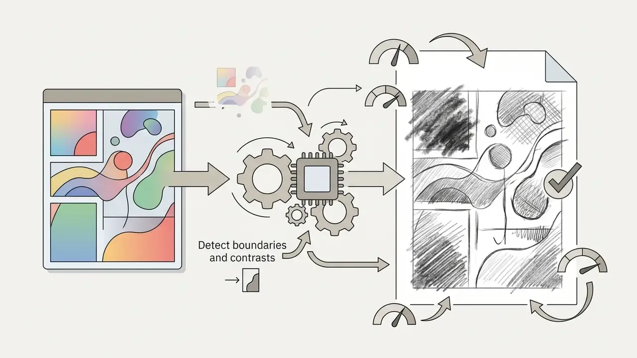 Colorful abstract image being processed by gears and a central chip into a graphite pencil sketch