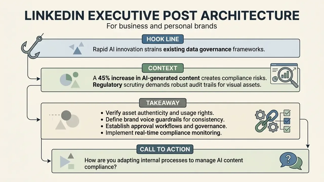 Four-part framework for executive content creation featuring a hook, context, takeaway, and call to action