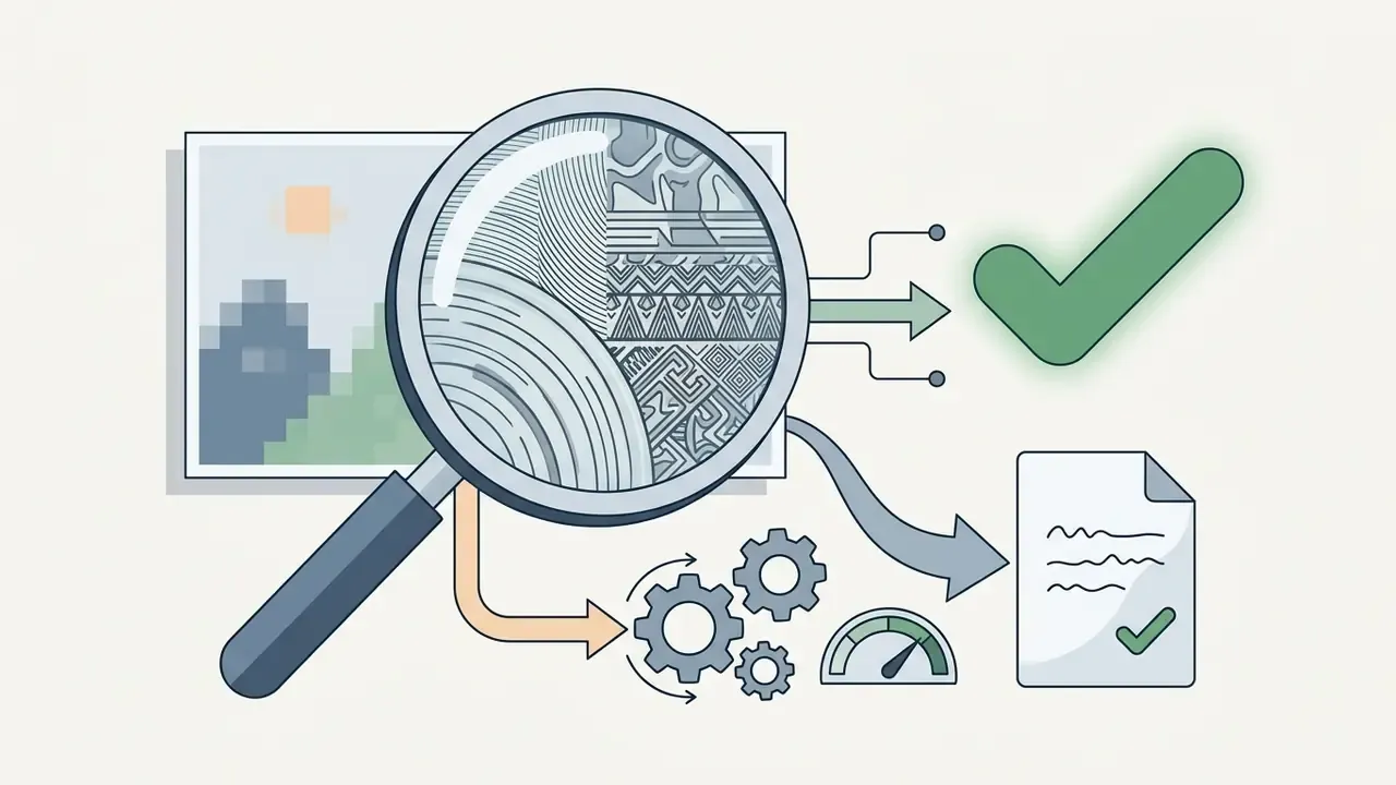 Magnifying glass inspecting pixelated image details leading to a green checkmark and document approval