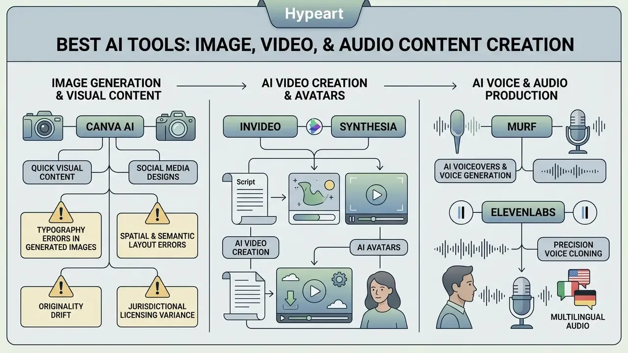 Infographic categorizing AI tools for image, video, and audio production with associated workflow risks