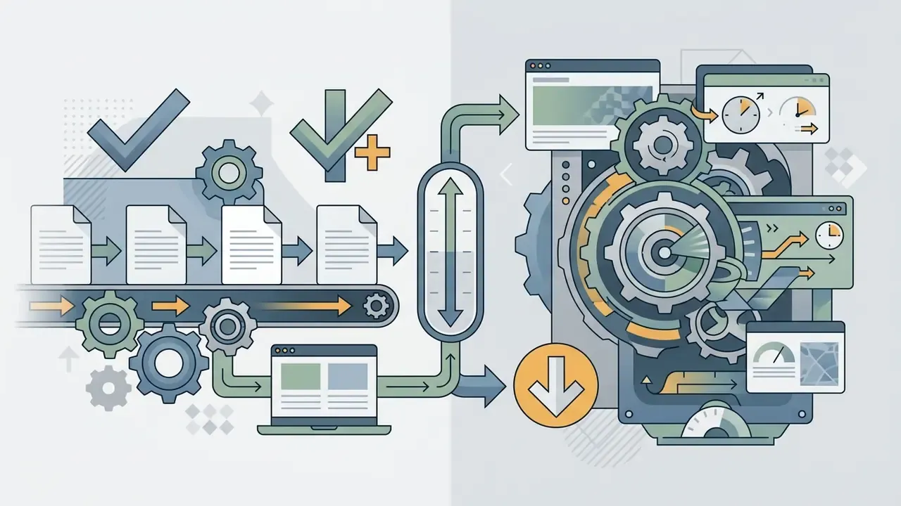 Documents moving on a conveyor belt through a gear system to generate analytics and status gauges