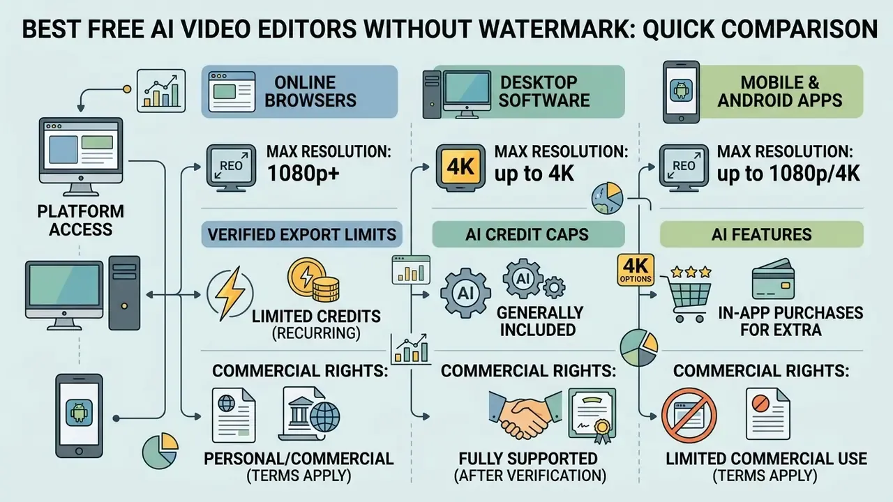 Comparison chart of free AI video editor platforms showing resolution, credit limits, and commercial rights