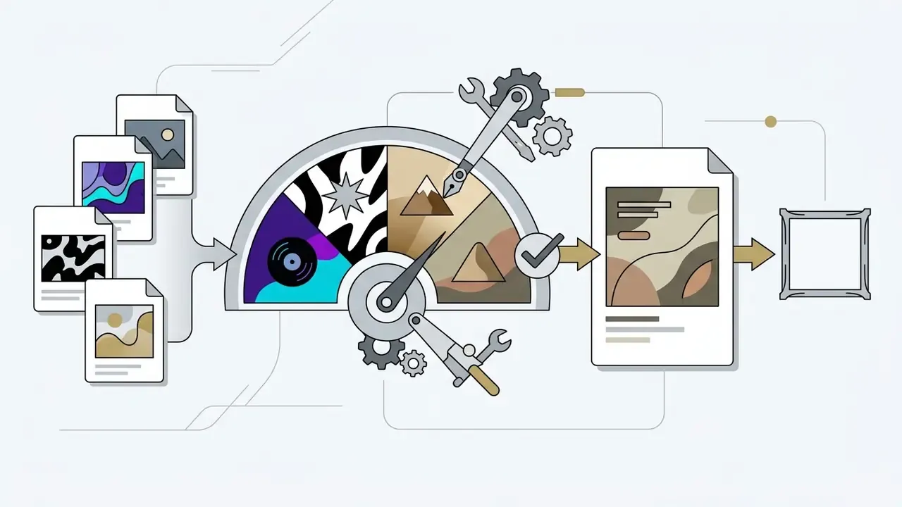Visual styles and color palettes feeding into a gauge that adjusts design elements for final output