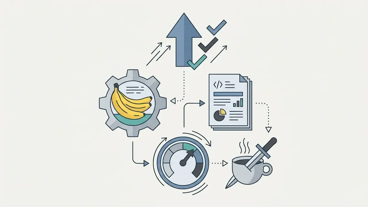 Circular process diagram connecting a banana gear, performance gauge, data report, and steaming coffee cup