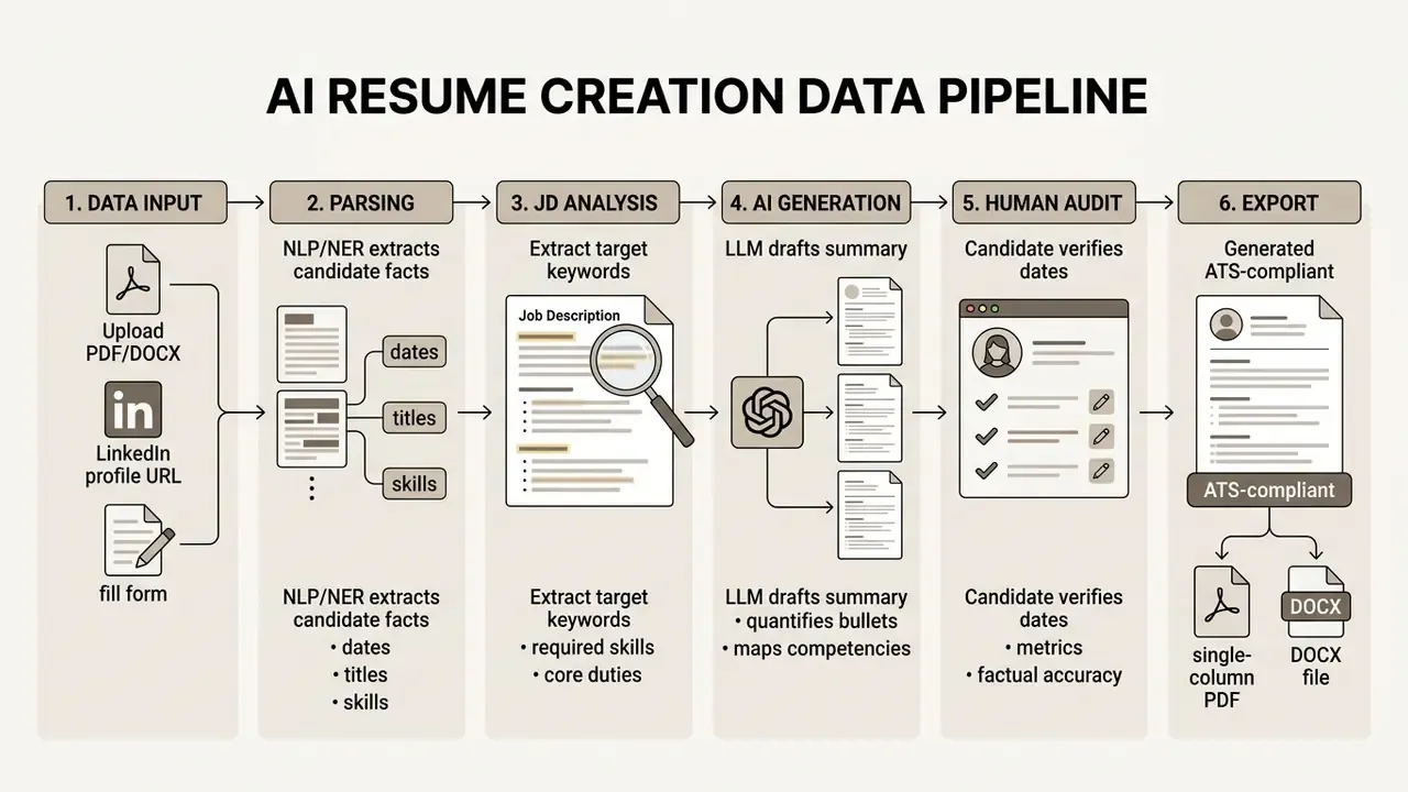 Flowchart showing the six steps of an AI resume generator pipeline from data input to final file export