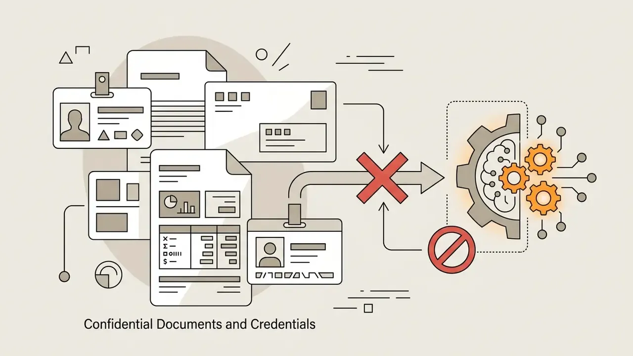 Red X symbol blocking documents and ID badges from entering an AI processing gear mechanism