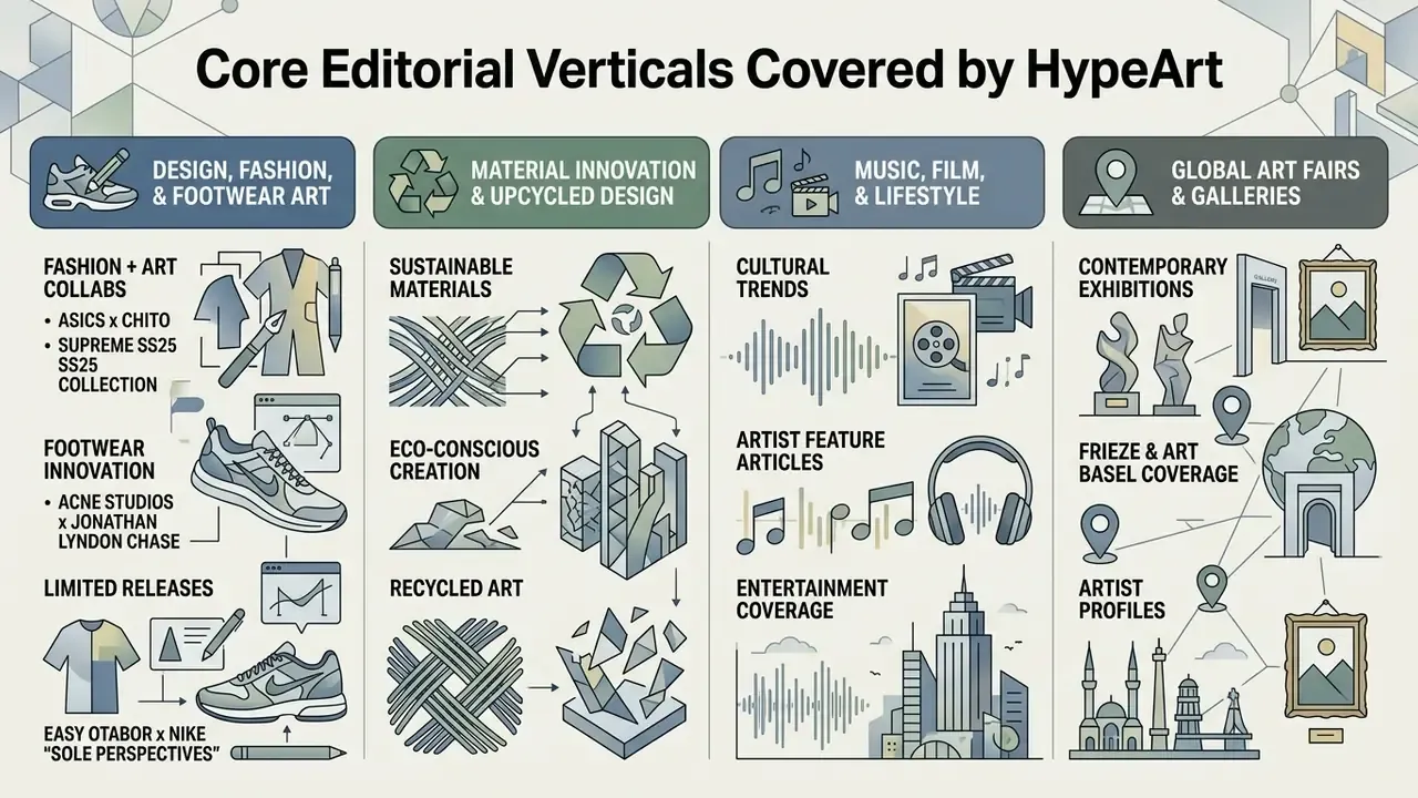 Infographic detailing HypeArt editorial pillars including fashion, sustainable design, media, and global art