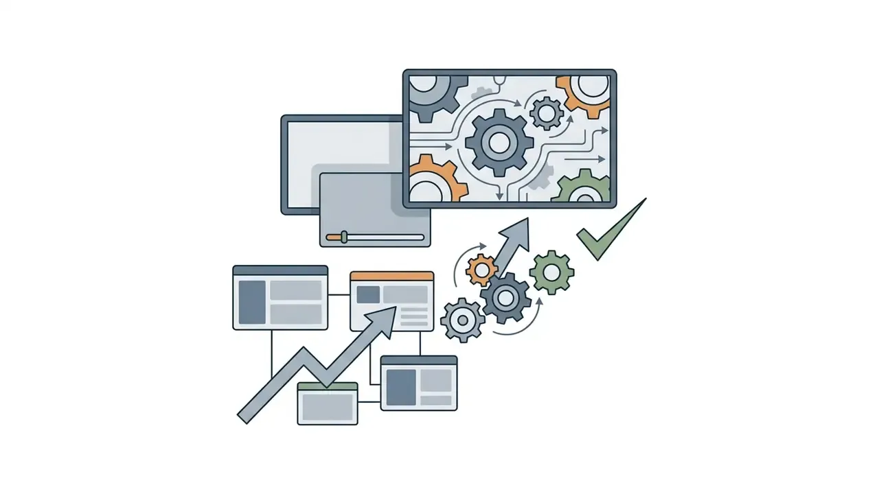Software windows connected by arrows leading to a gear mechanism and a green checkmark