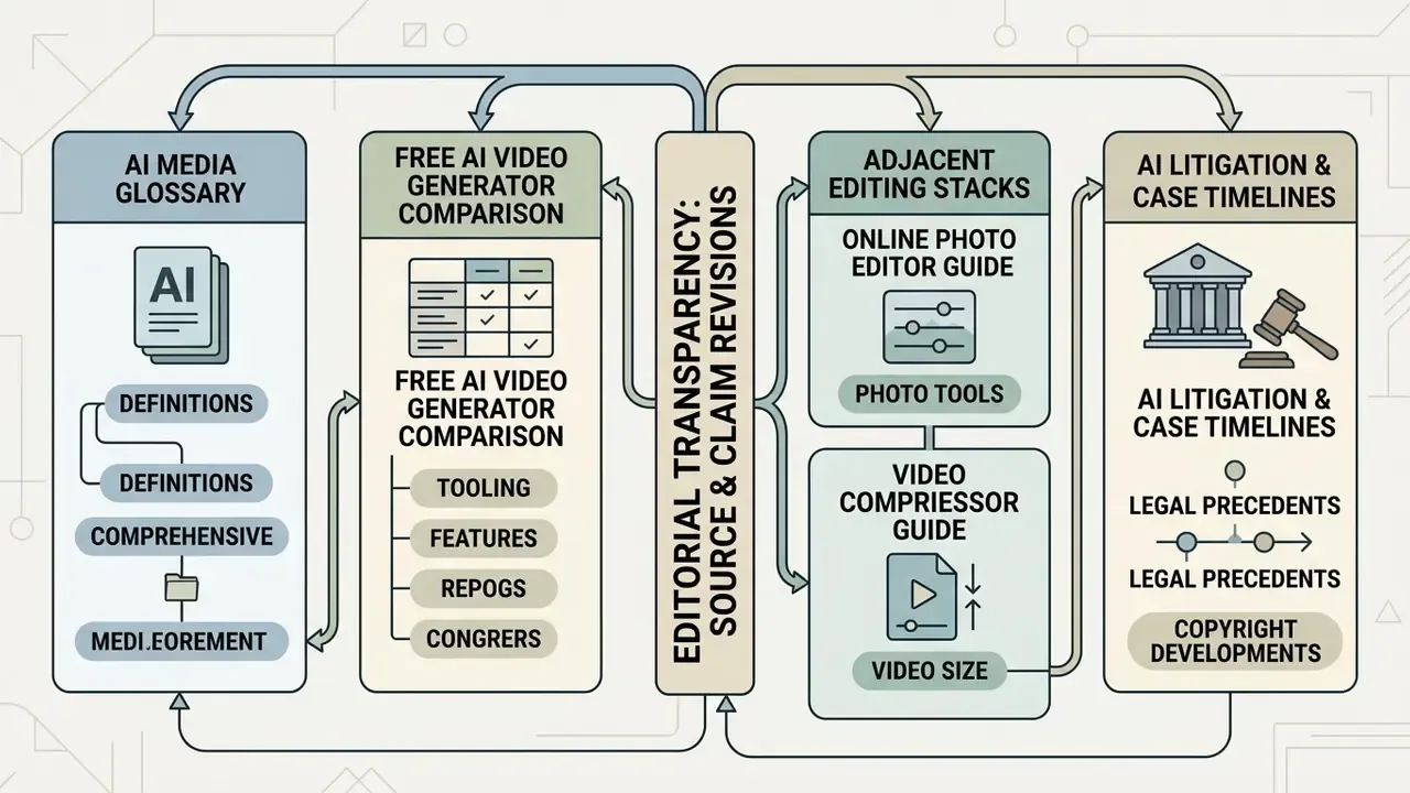 Flowchart connecting AI media glossaries, generator comparisons, editing stacks, and legal timelines