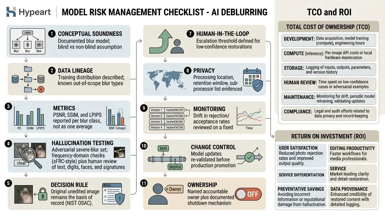 Eleven step checklist for model risk management alongside a breakdown of total cost and return on investment