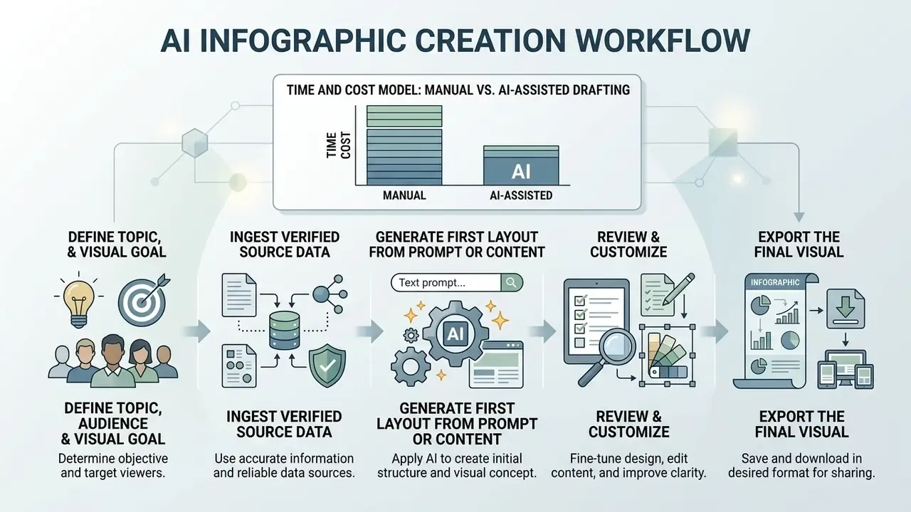 Five-step process for using an AI infographic generator to design and export visual content