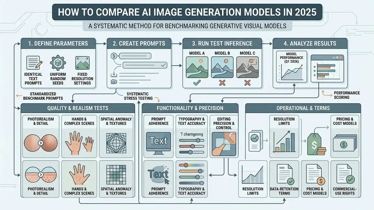 Step-by-step diagram detailing a systematic process for benchmarking AI image generation models in 2025