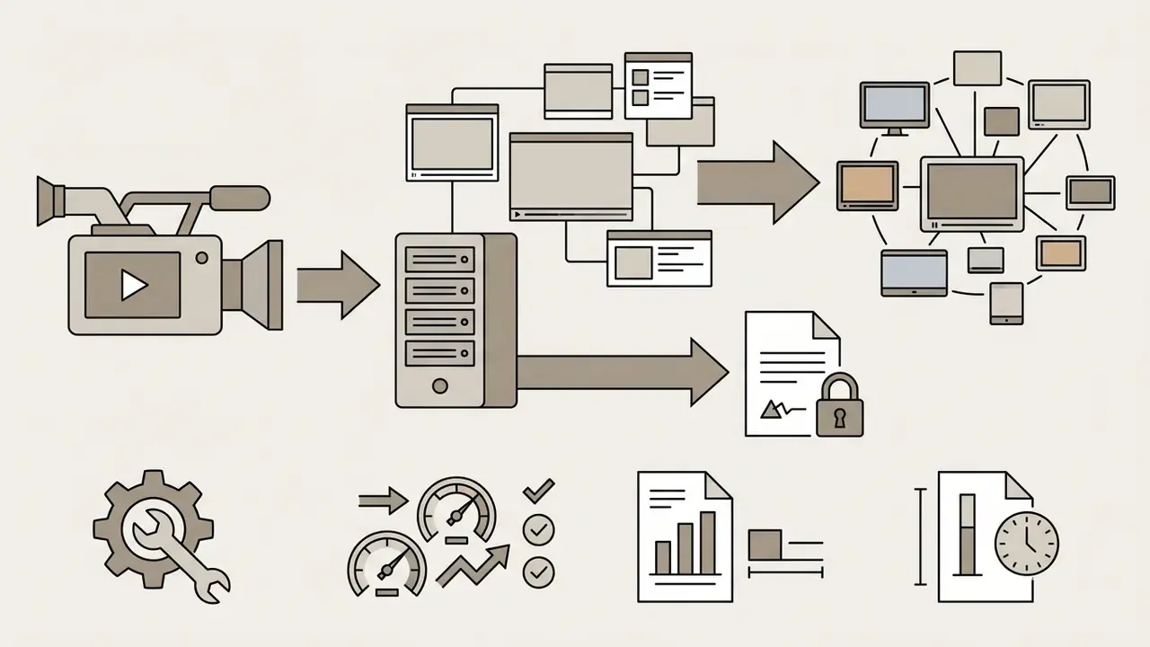 Video camera feeding a server that distributes content to devices and secure files with performance icons