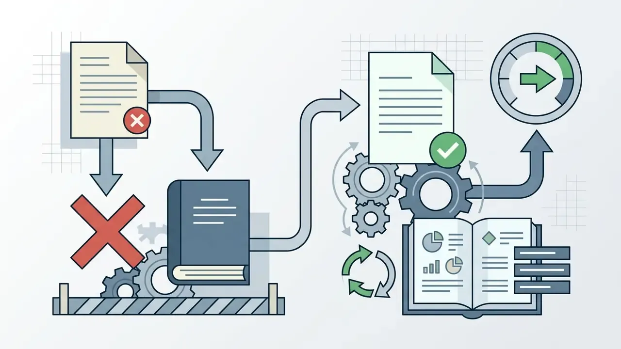 Document icons and gear mechanisms representing the correction of outdated OpenAI Sora documentation