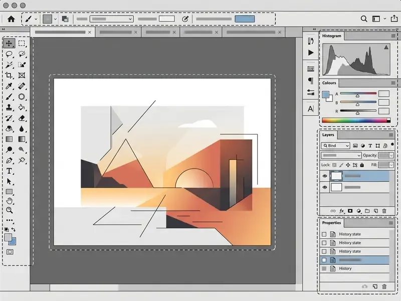 Layout of the Adobe photo editor showing the central canvas surrounded by tool, layer, and property panels
