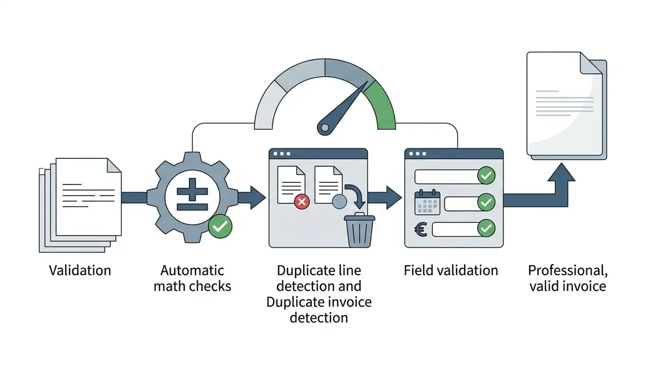 Process showing math checks, duplicate detection, and field validation leading to a valid document