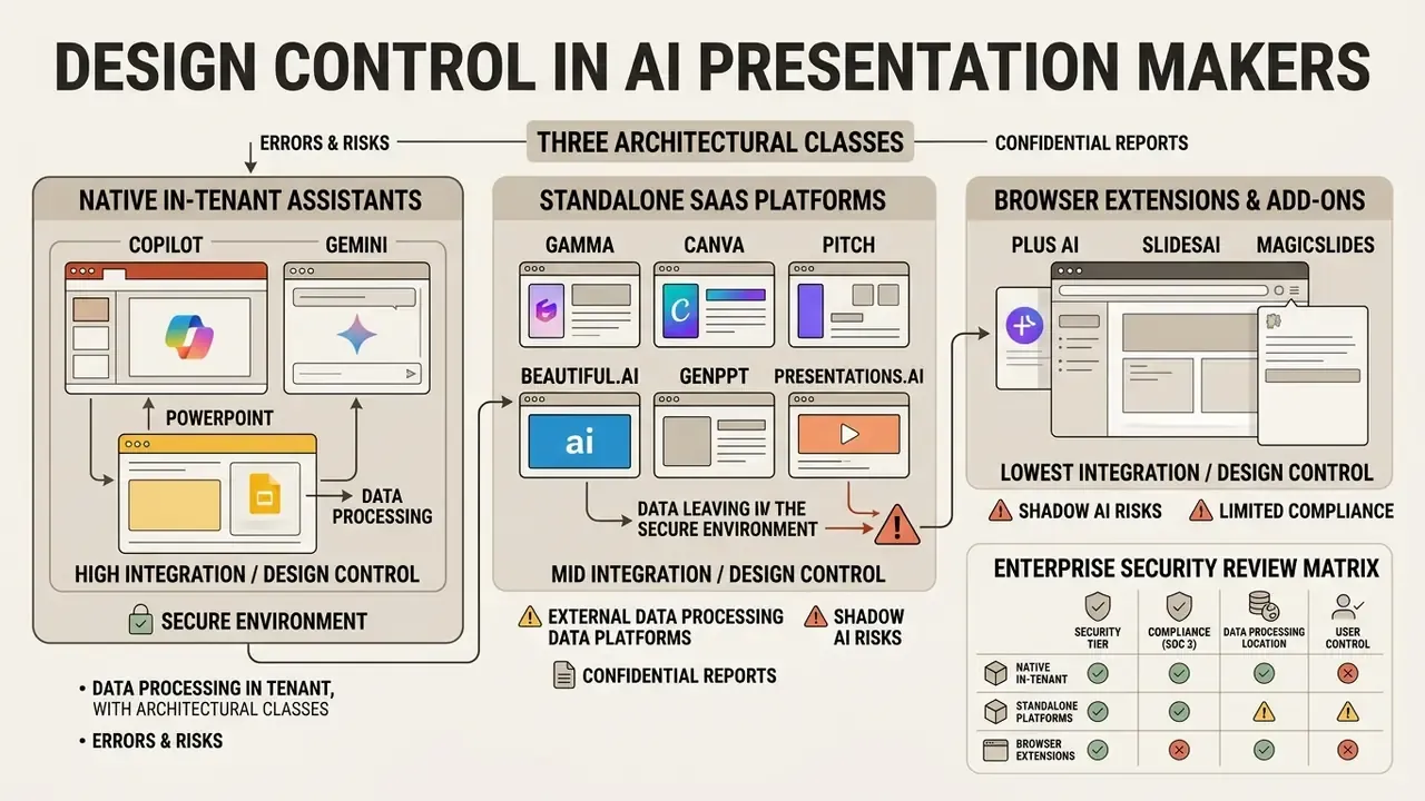 Infographic categorizing AI presentation makers by architectural class and their associated security risks
