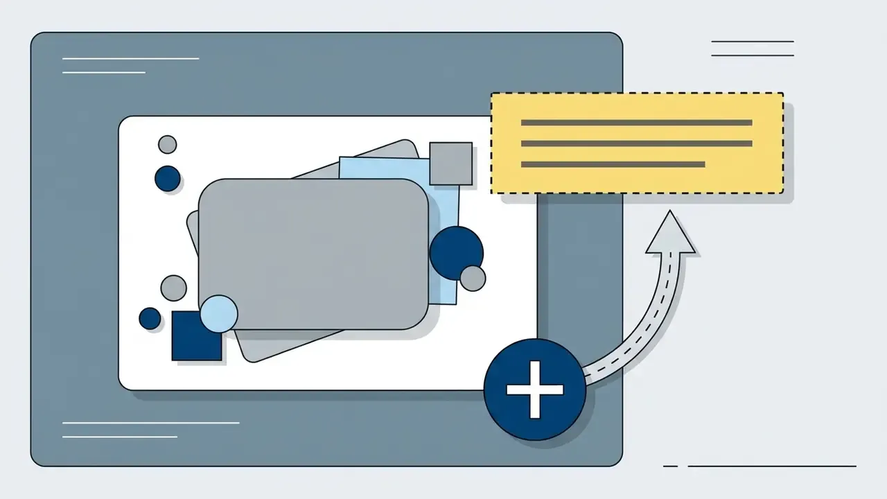 Plus button pointing to a yellow text box overlaying a collection of shapes on a digital canvas
