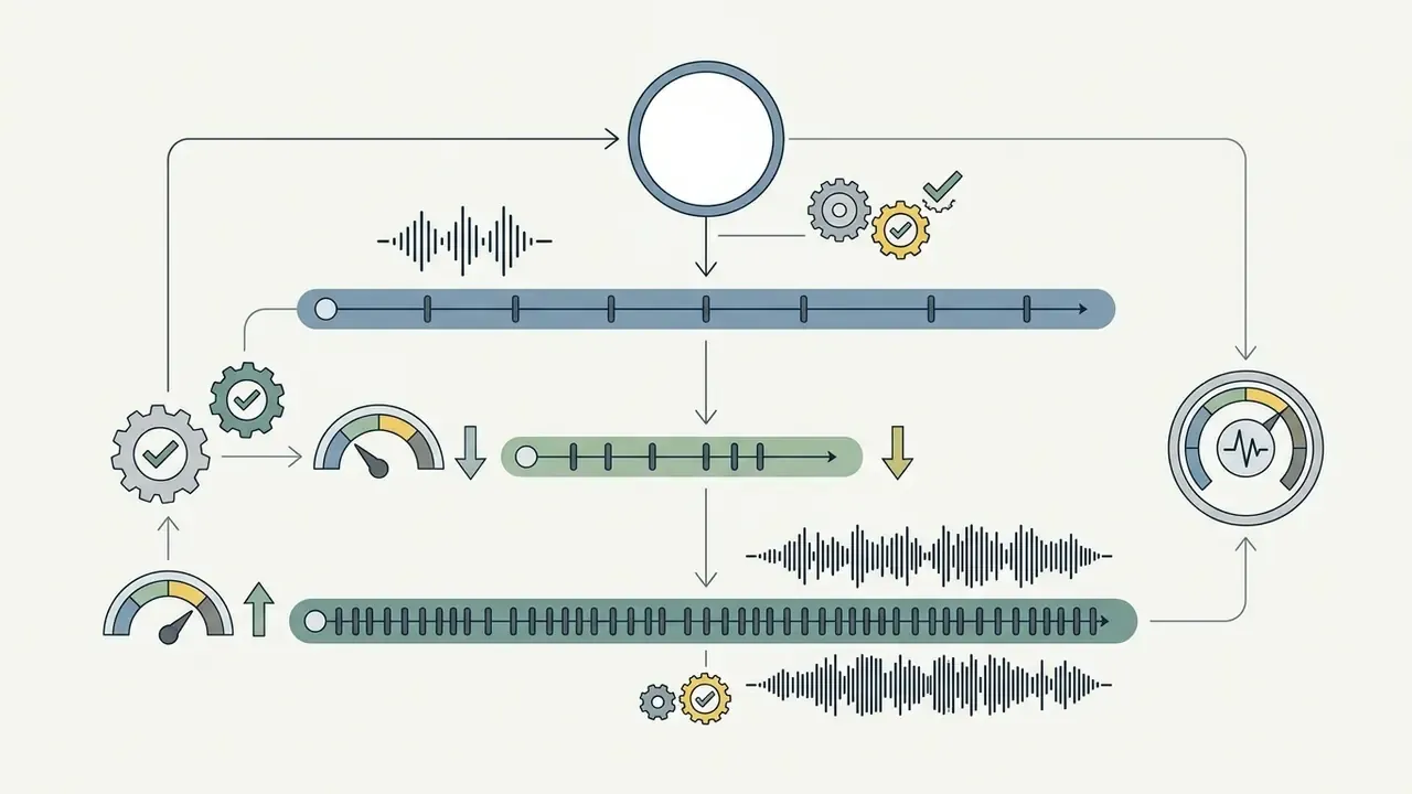 Visual representation of pacing adjustments using timelines, speed gauges, and sound wave patterns