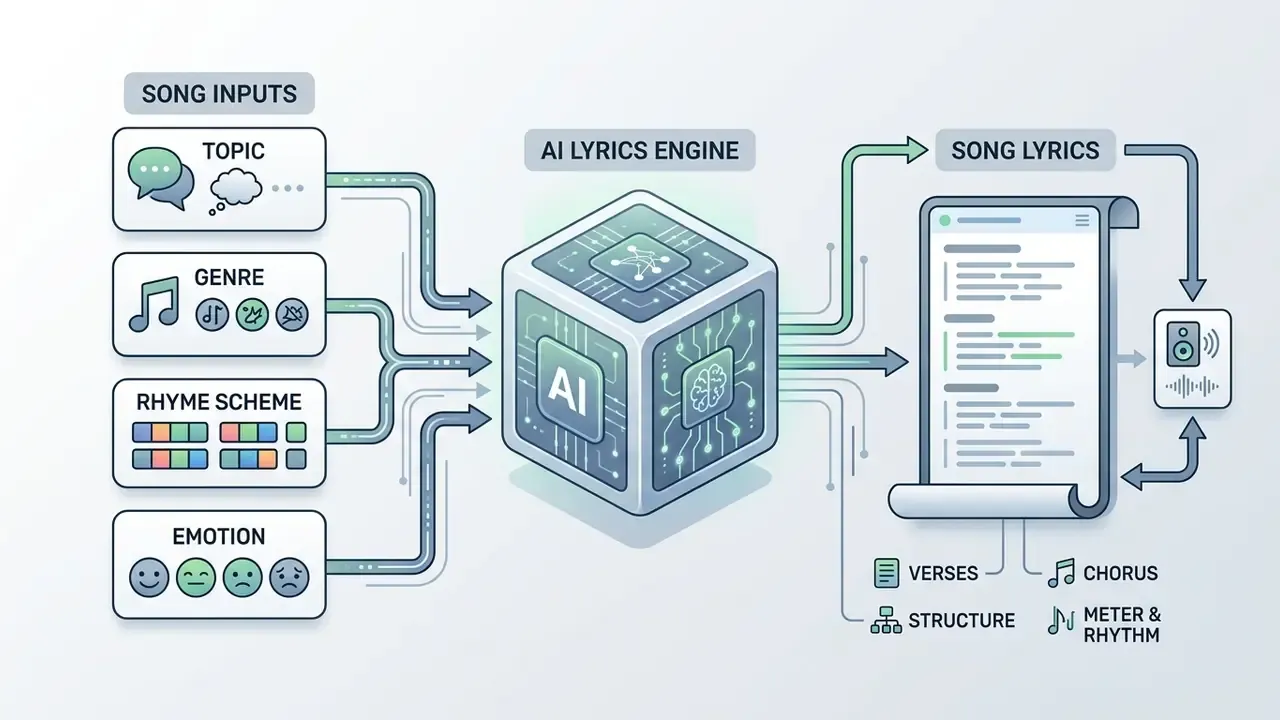 Technical diagram showing song inputs feeding into an AI lyrics engine to produce structured text and audio