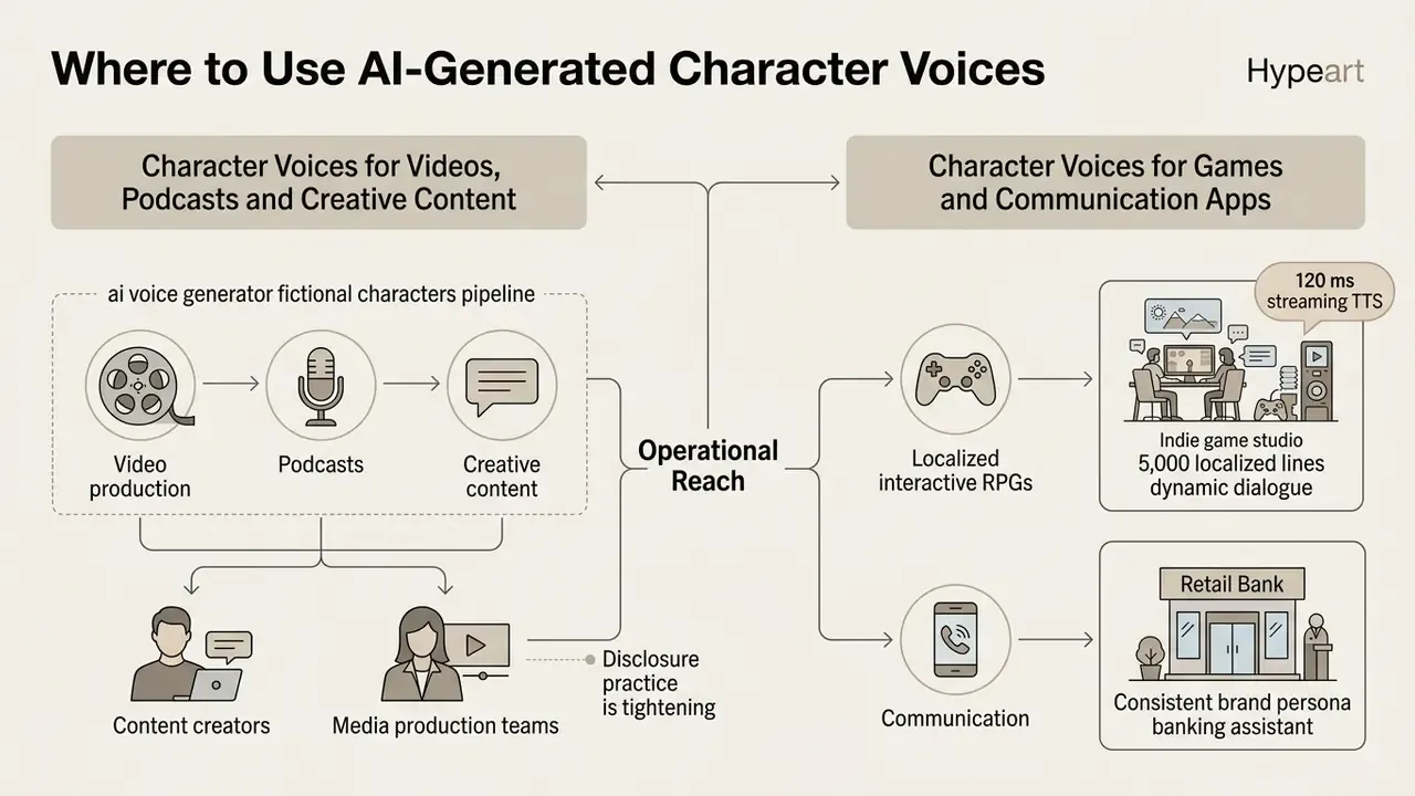 Diagram showing the operational reach of synthetic speech in media production and interactive applications