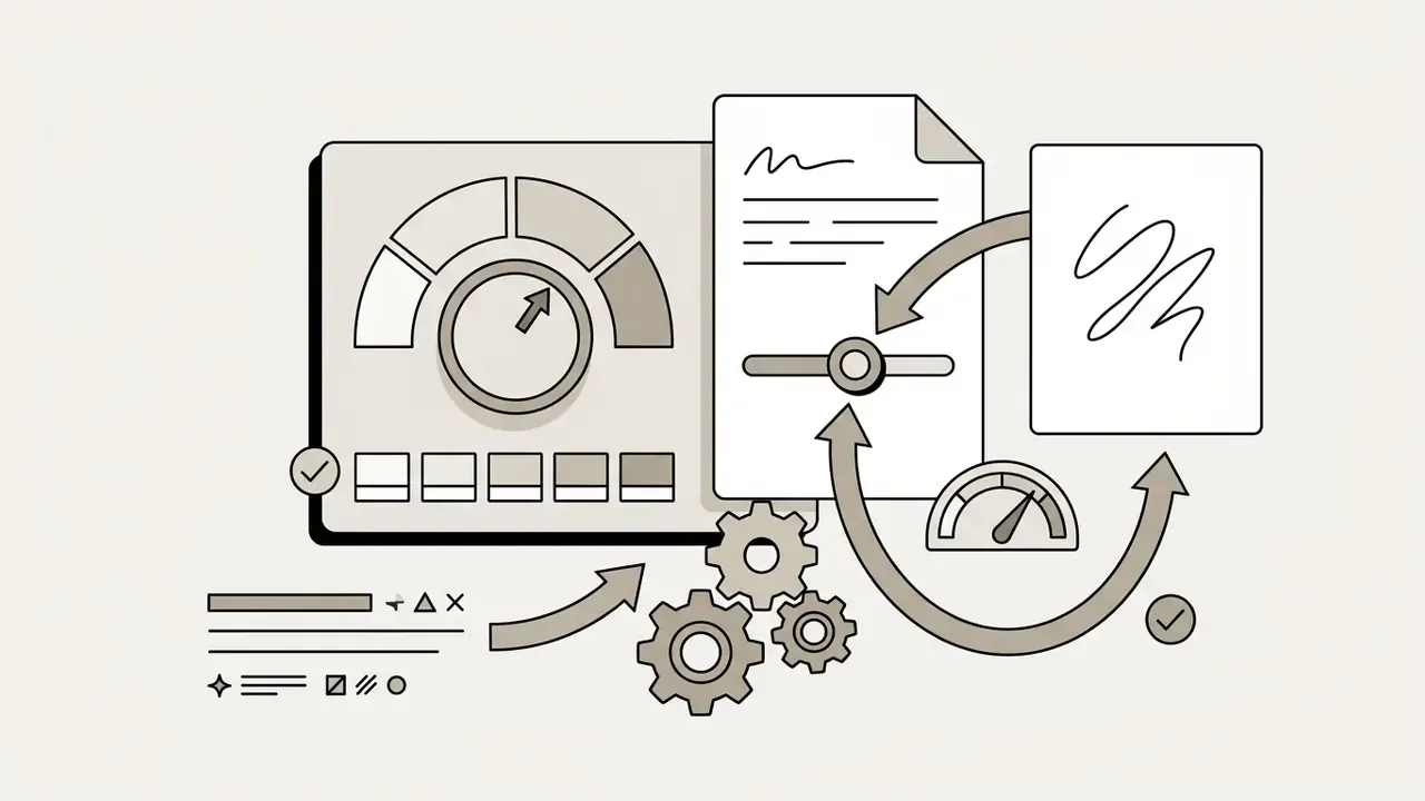 Control panel with a circular gauge, slider, and gears representing style and influence adjustments