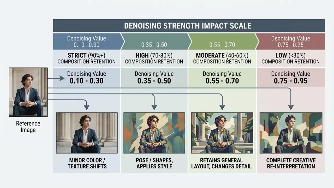 Table showing how varying denoising strength values impact composition retention in generated images