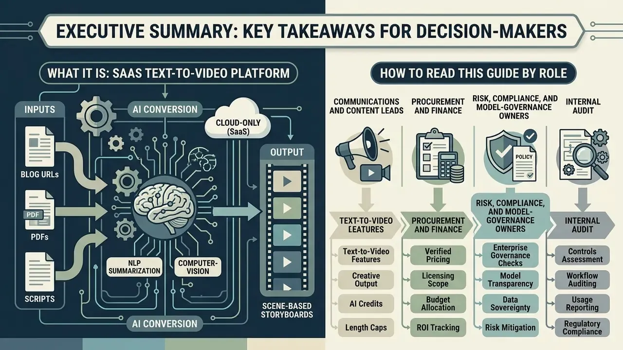 Infographic showing a text-to-video AI workflow on the left and a role-based guide for stakeholders on the right