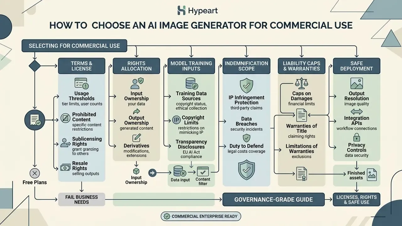 Structured diagram outlining key legal and operational factors for enterprise image generation software