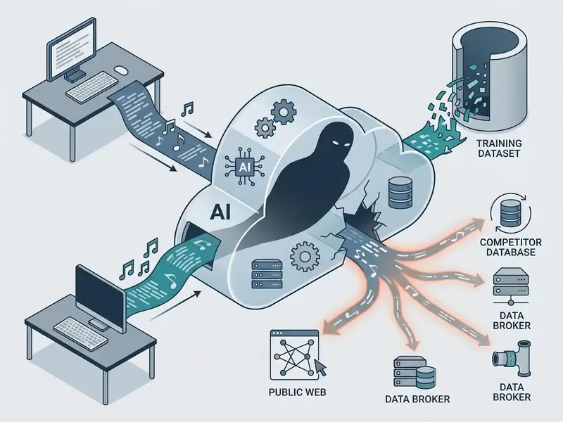 Computers feeding data into a central cloud that leaks user information to external databases and brokers