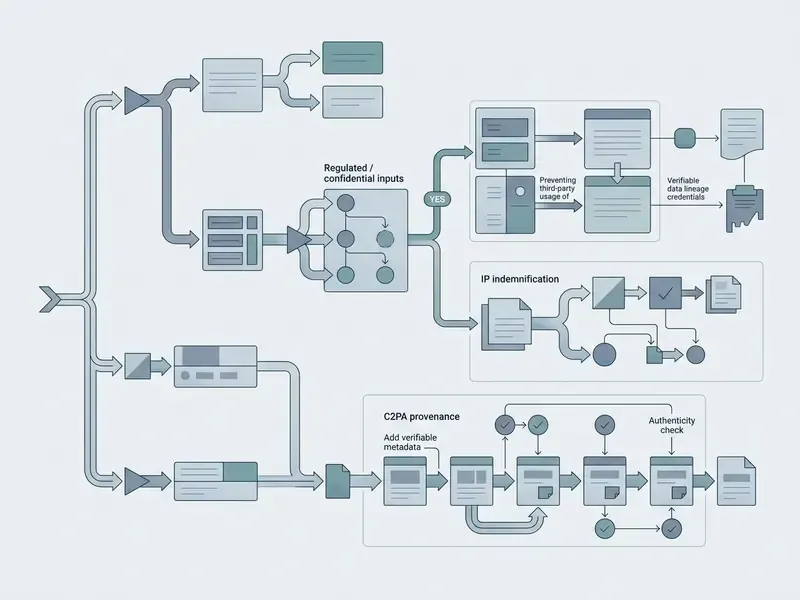 Decision tree flowchart mapping AI video tool workflows for data privacy, IP rights, and metadata tracking