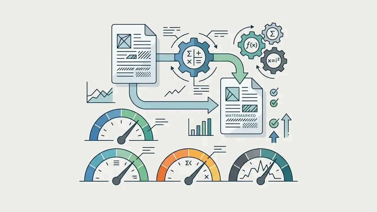 Document processing pipeline using mathematical gears to apply watermarks and measure output quality