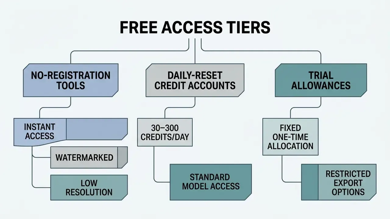 Categorization of free AI image generation access tiers including no-registration, credit, and trial models