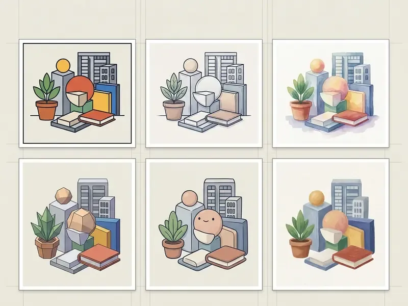 Grid of six variations of the same still life scene rendered in distinct artistic cartoon styles