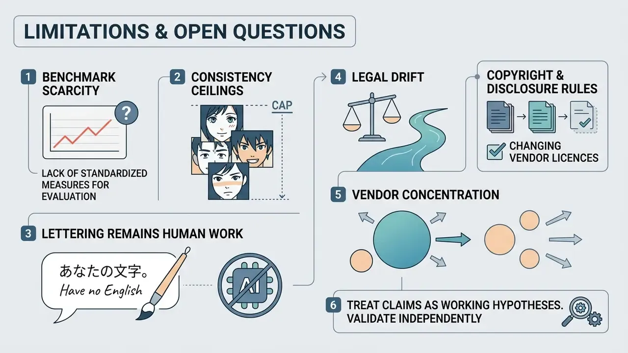 Six numbered points outlining challenges regarding benchmarks, character consistency, and legal standards