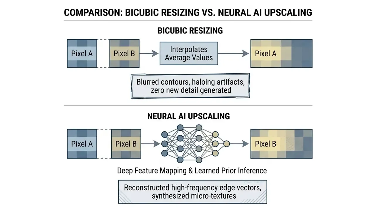 Diagram comparing bicubic resizing and neural upscaling through pixel processing and feature mapping
